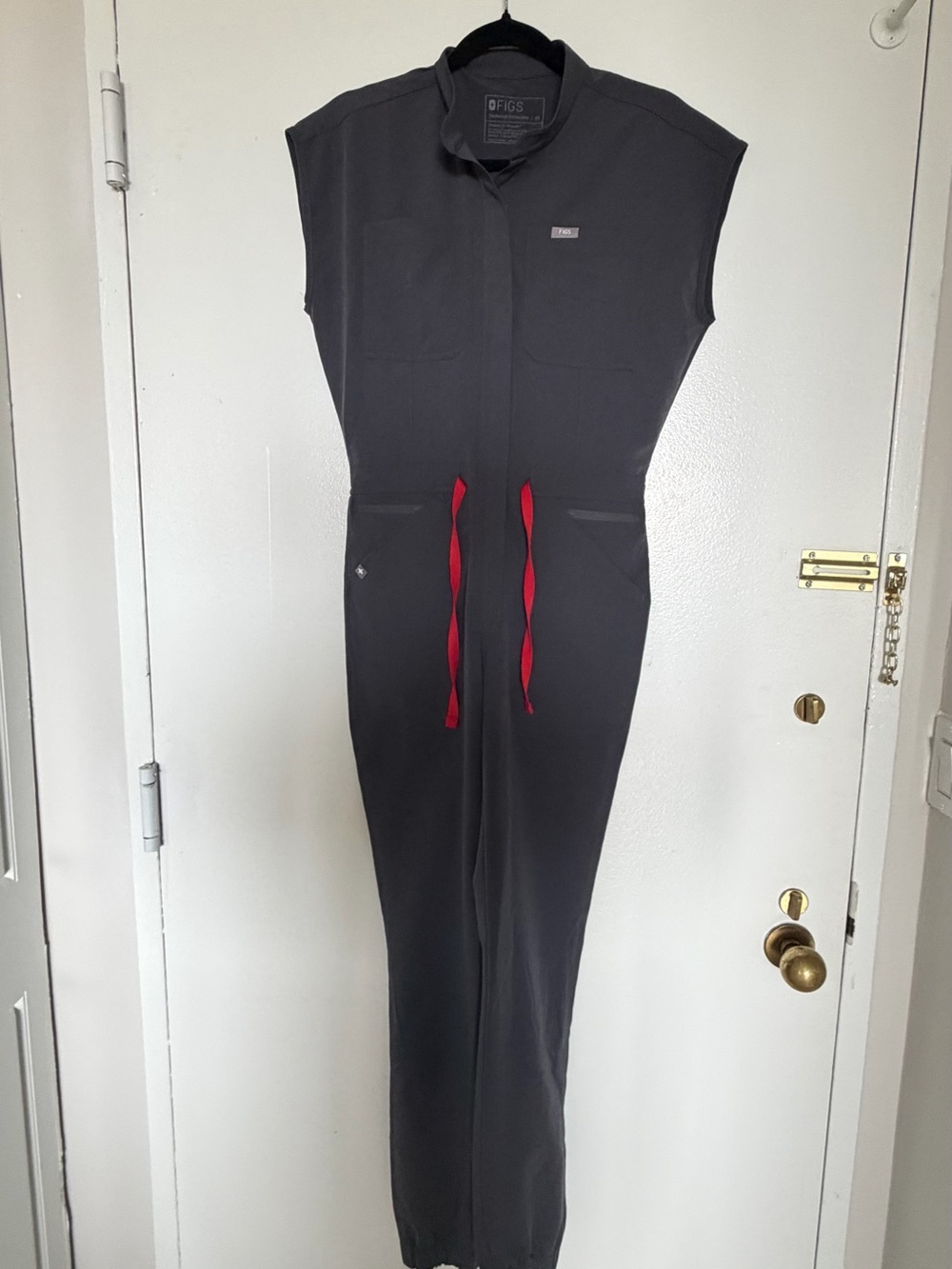 FIGS Women's Dark Gray Jumpsuit with Red Drawstrings